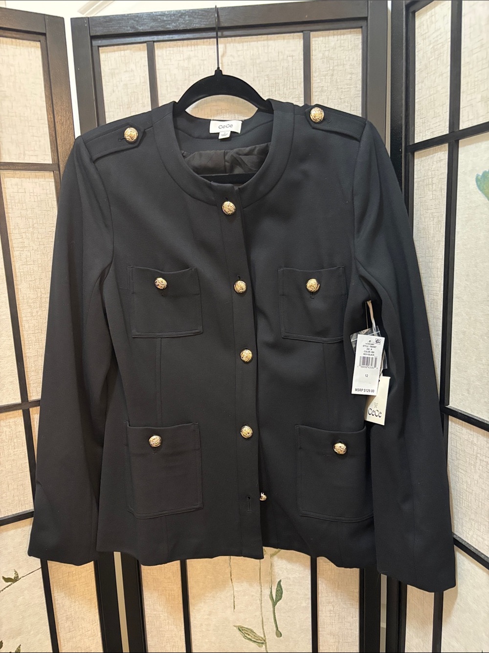 NWT CeCe Black Military-Inspired Gold Button Jacket